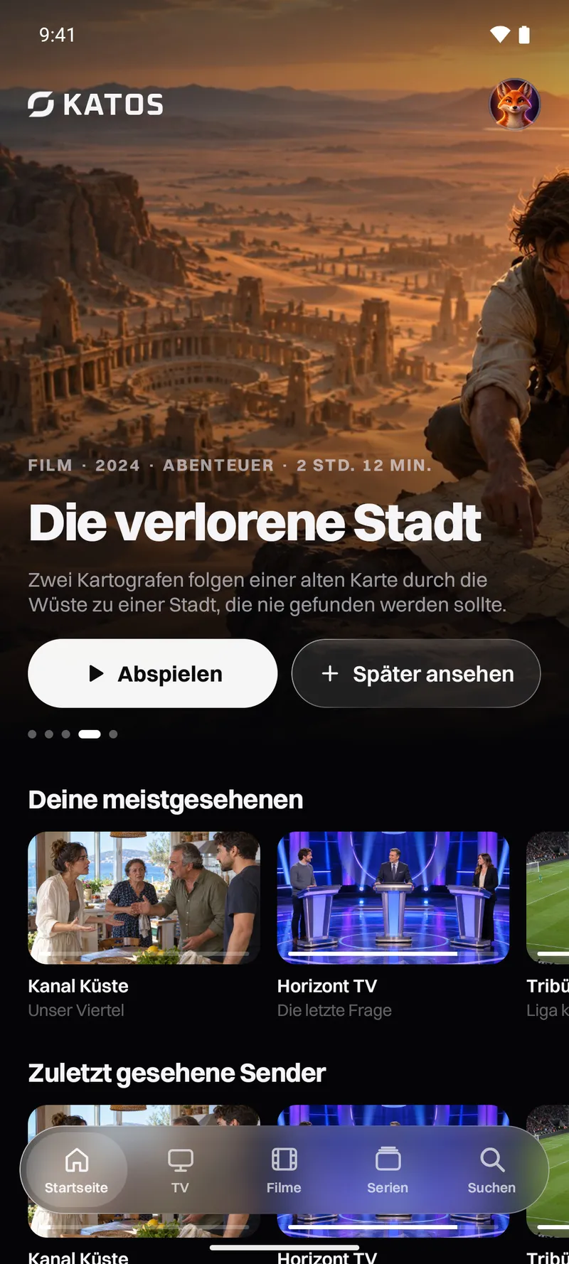 Katos auf Android: der Startbildschirm mit einem Titel im Fokus und Reihen mit Sendern und Filmen