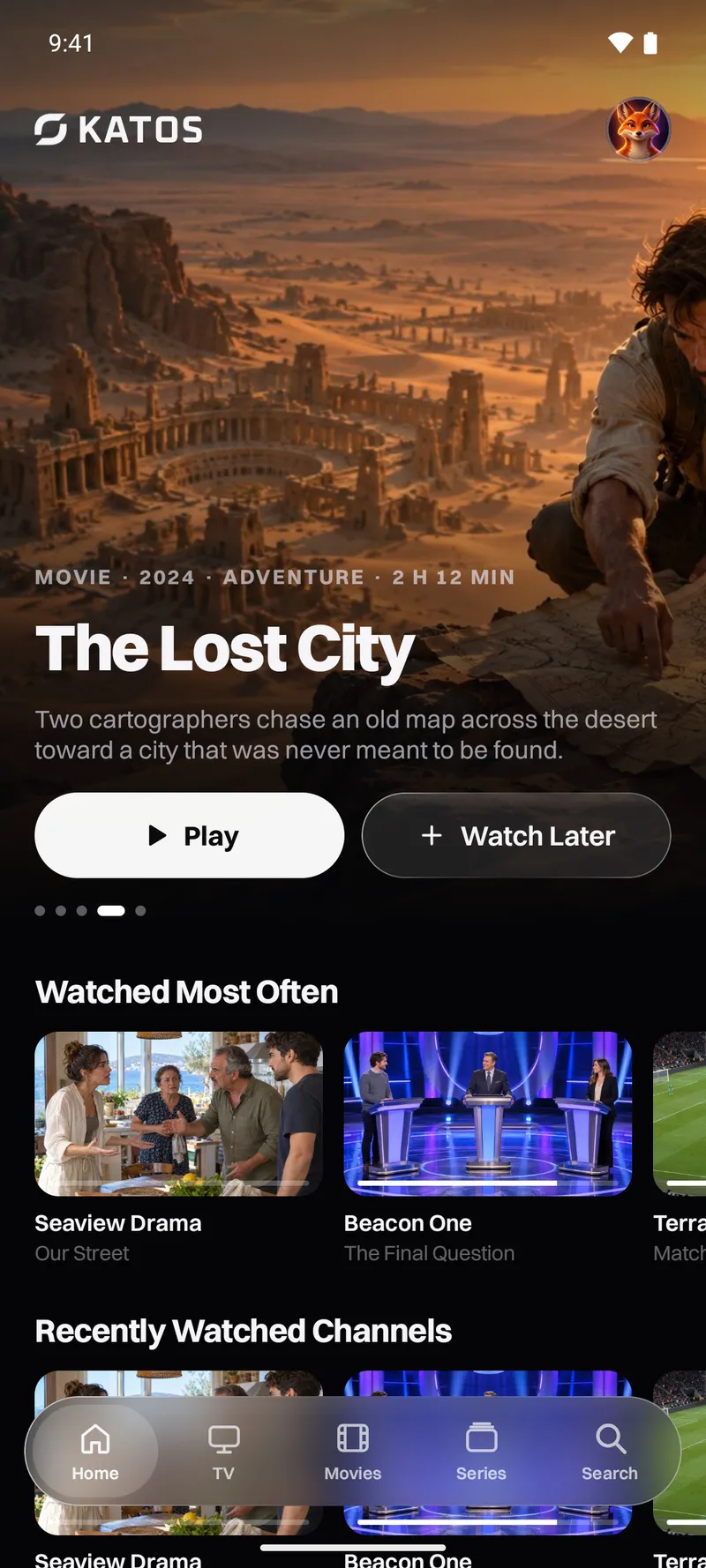 Katos on Android: the home screen, with a featured title and rows of channels and movies