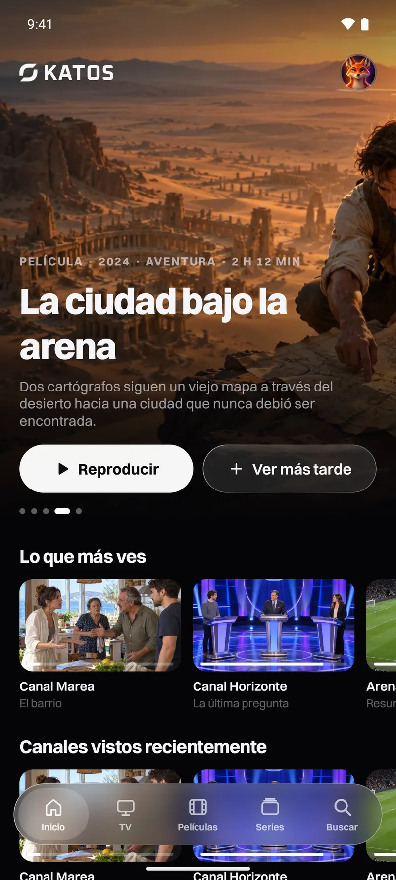 Katos en Android: la pantalla de inicio, con un título destacado y filas de canales y películas
