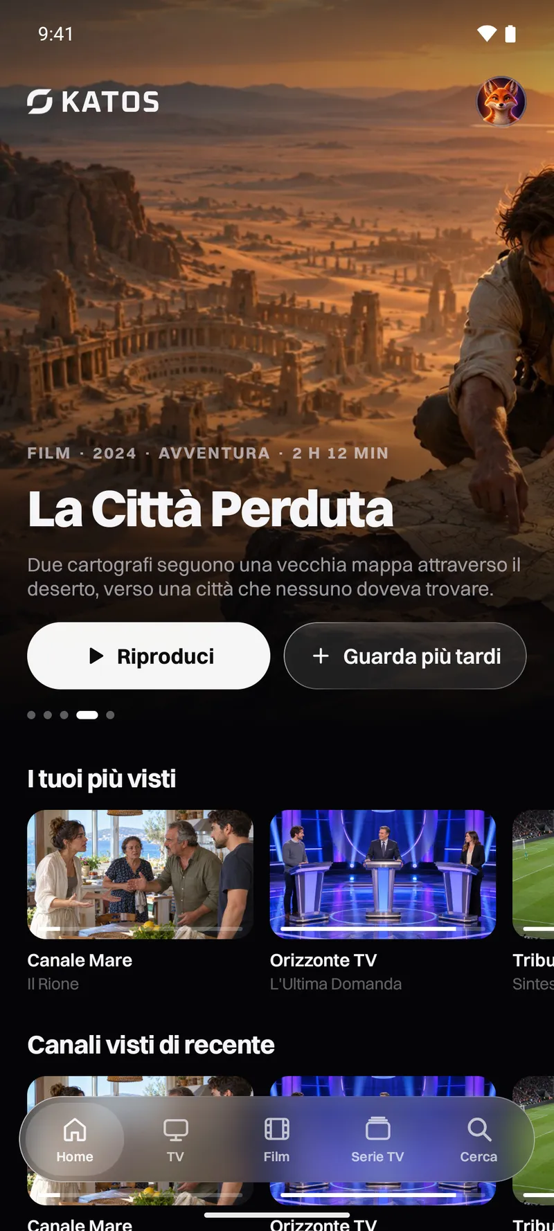Katos su Android: la schermata Home, con un titolo in evidenza e righe di canali e film