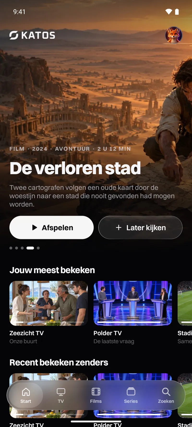 Katos op Android: het beginscherm, met een uitgelichte titel en rijen zenders en films