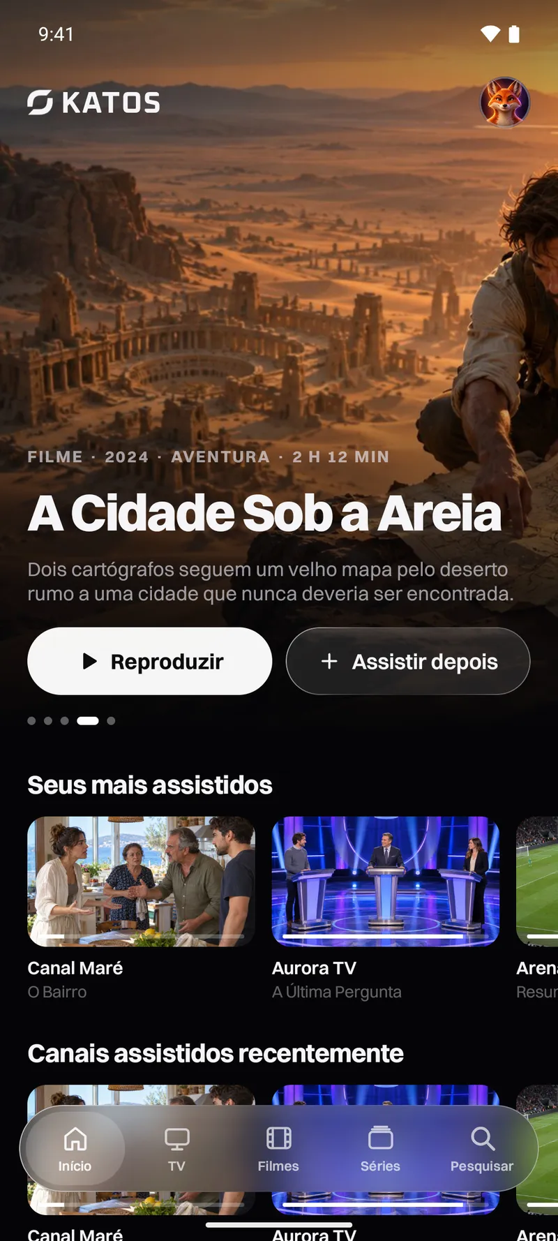 Katos (Android): a tela inicial, com um título em destaque e fileiras de canais e filmes