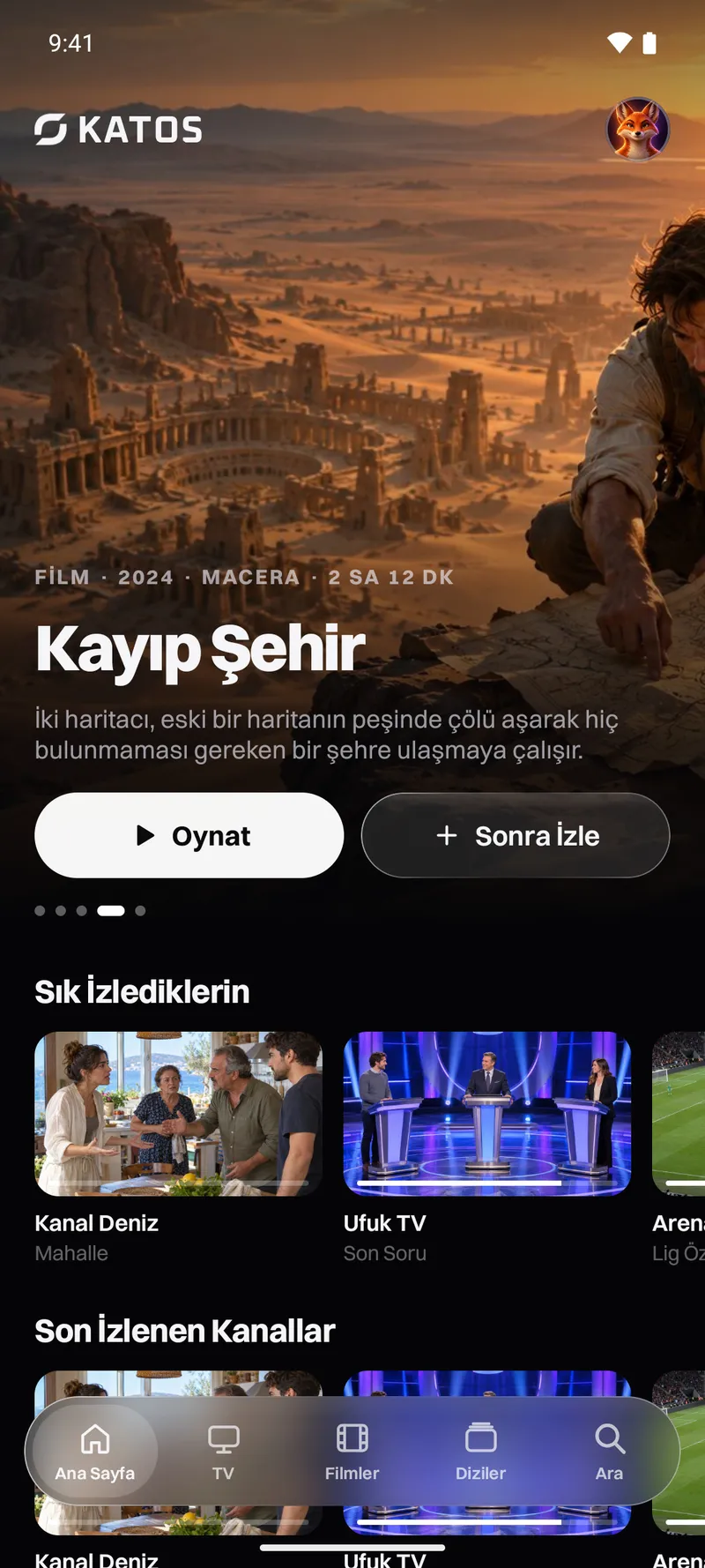 Katos (Android): öne çıkan bir yapım, kanal ve film satırlarıyla ana ekran
