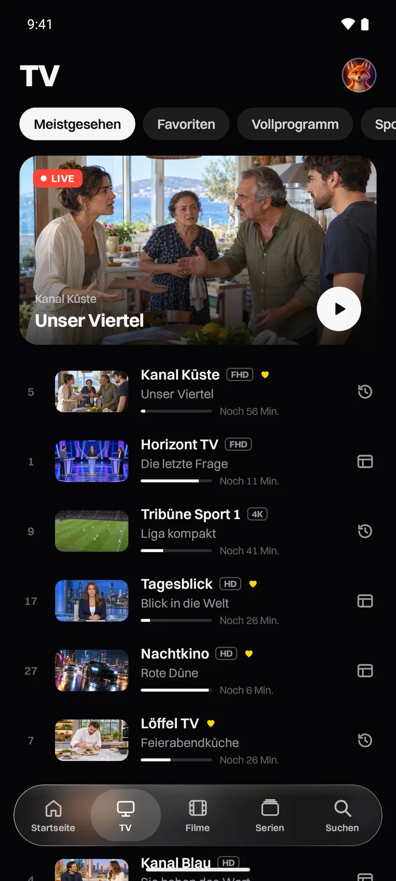 Katos auf Android: der TV-Tab mit Live-Sendern und dem, was gerade läuft