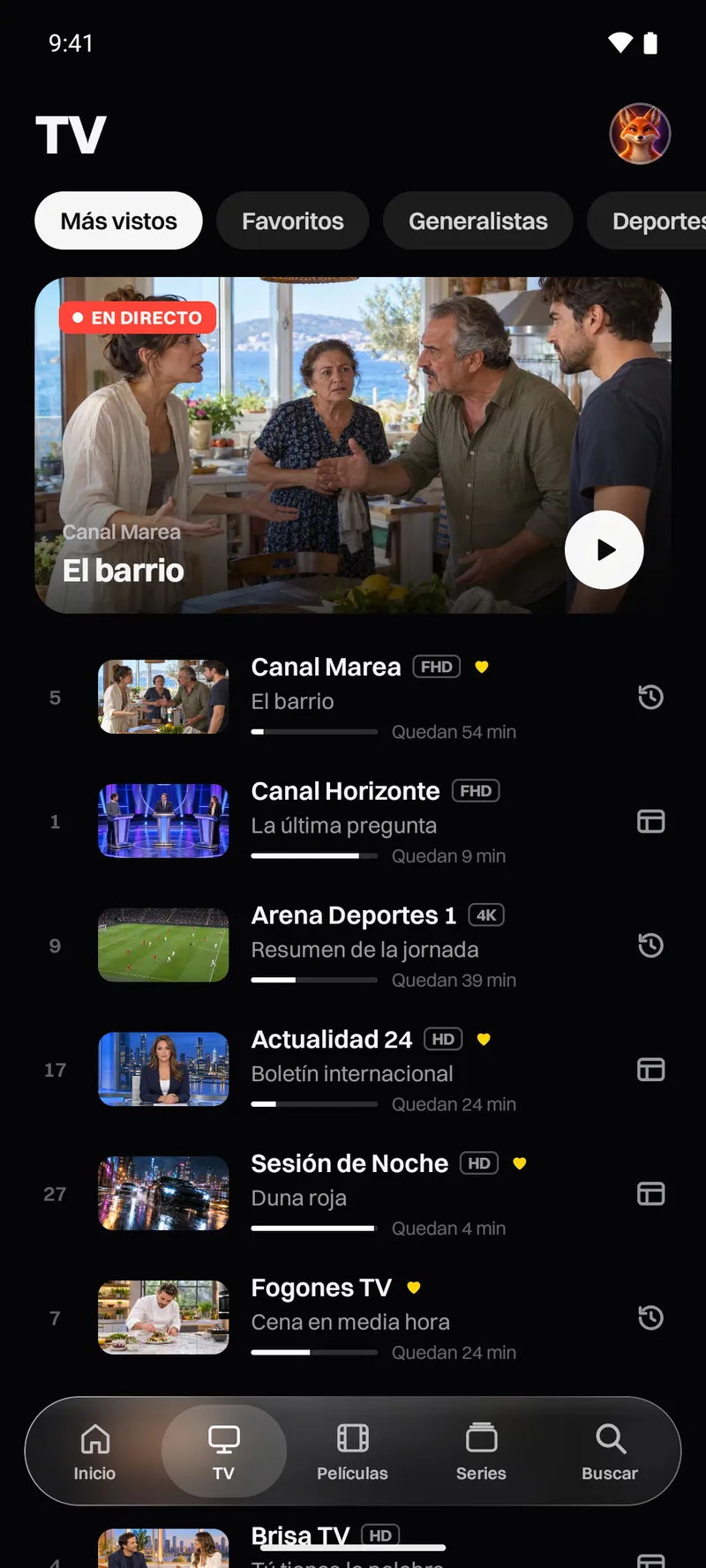 Katos en Android: la pestaña TV, con los canales en directo y lo que se emite ahora