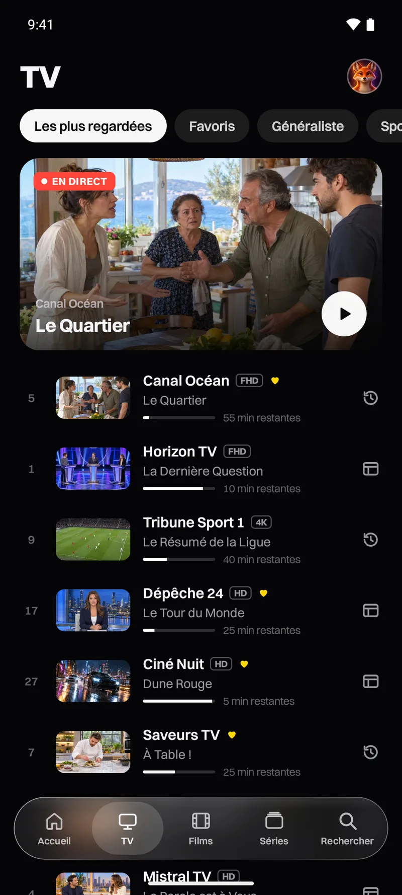 Katos sur Android : l’onglet TV, avec les chaînes en direct et ce qui passe maintenant