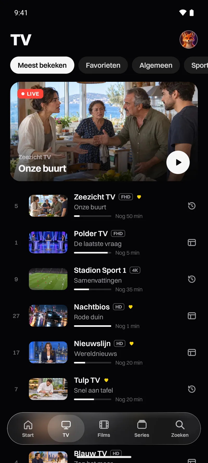 Katos op Android: het tabblad TV, met livezenders en wat er nu op is