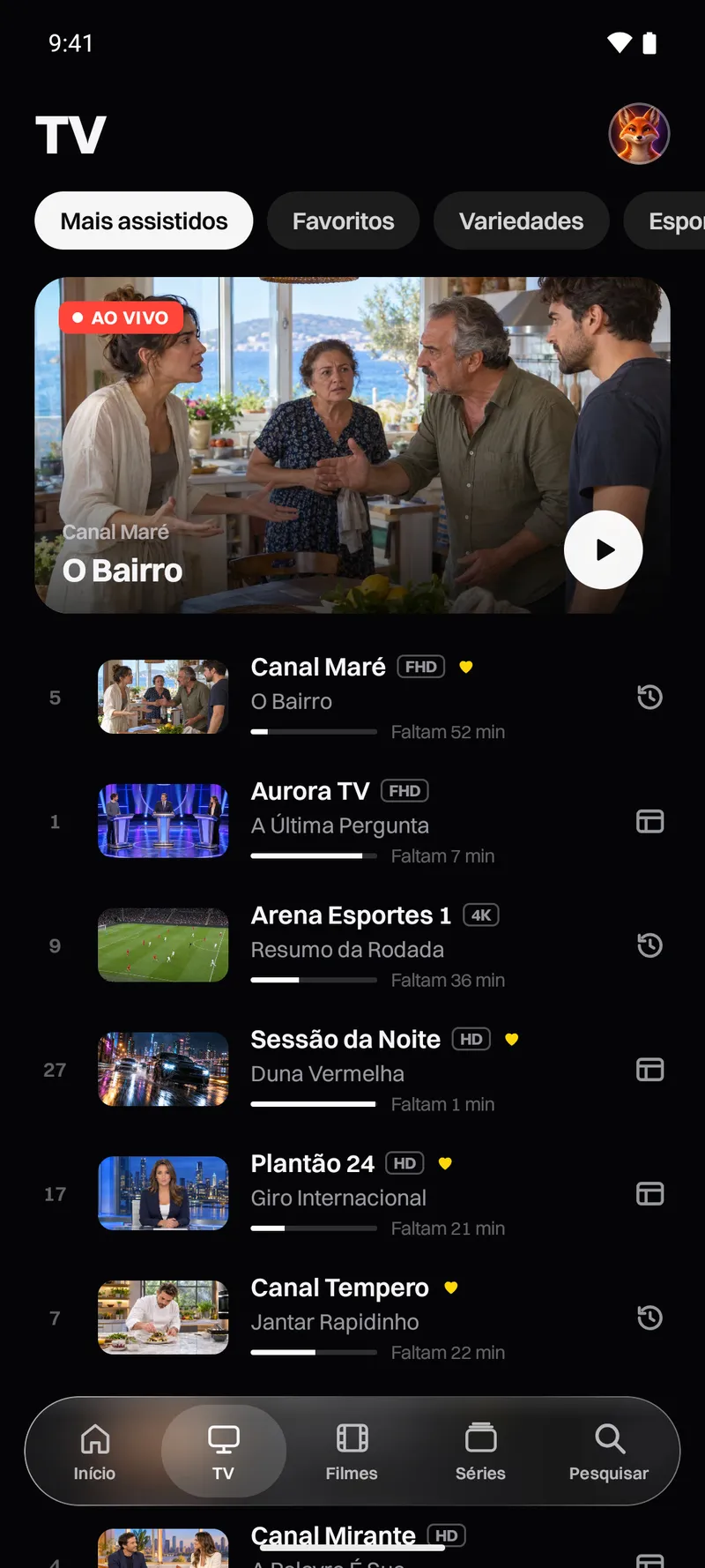 Katos (Android): a aba TV, com canais ao vivo e o que está passando agora