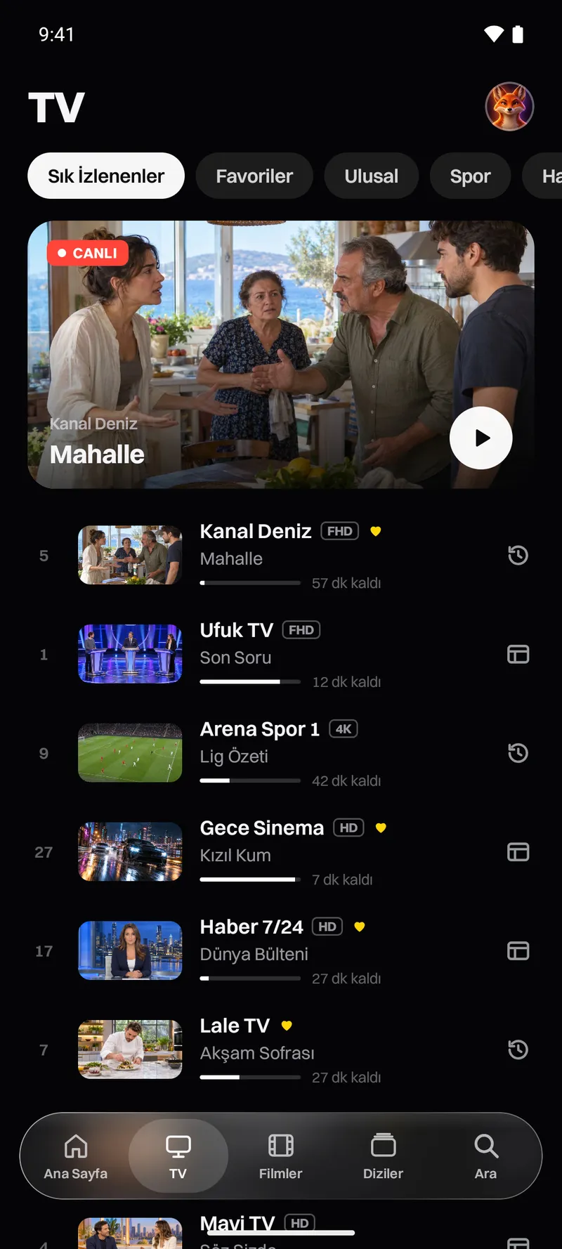 Katos (Android): canlı kanallar ve şu an yayında olanlarla TV sekmesi