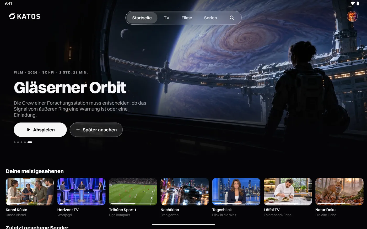 Katos auf Android: der Startbildschirm mit einem Titel im Fokus und Reihen mit Sendern und Filmen