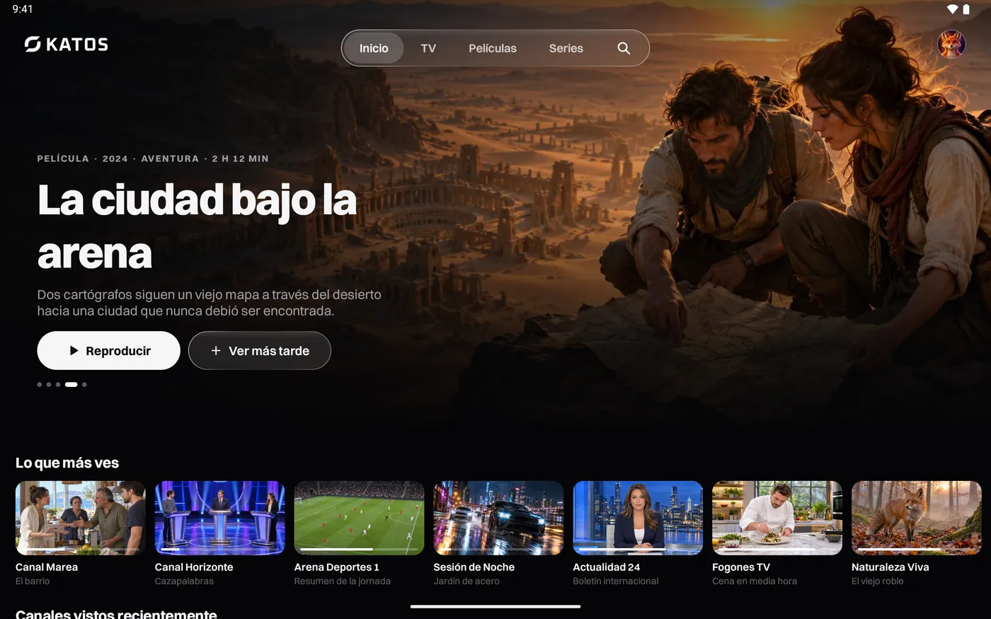 Katos en Android: la pantalla de inicio, con un título destacado y filas de canales y películas