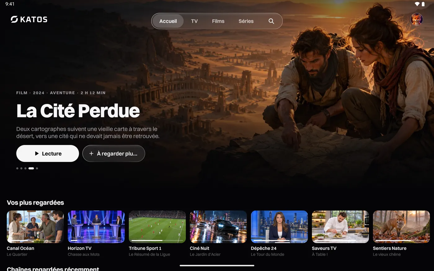 Katos sur Android : l’écran d’accueil, avec un titre à la une et des rangées de chaînes et de films