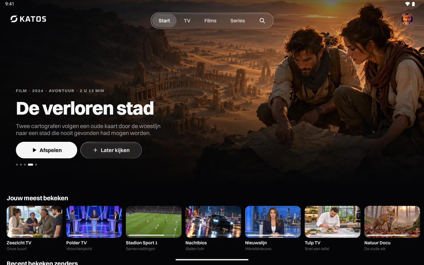 Katos op Android: het beginscherm, met een uitgelichte titel en rijen zenders en films
