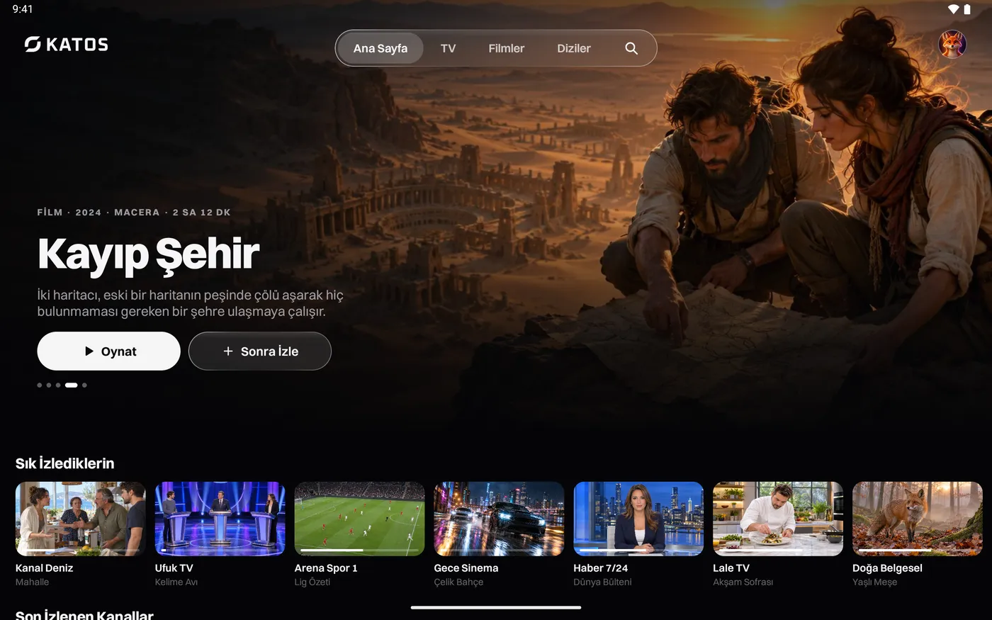 Katos (Android): öne çıkan bir yapım, kanal ve film satırlarıyla ana ekran