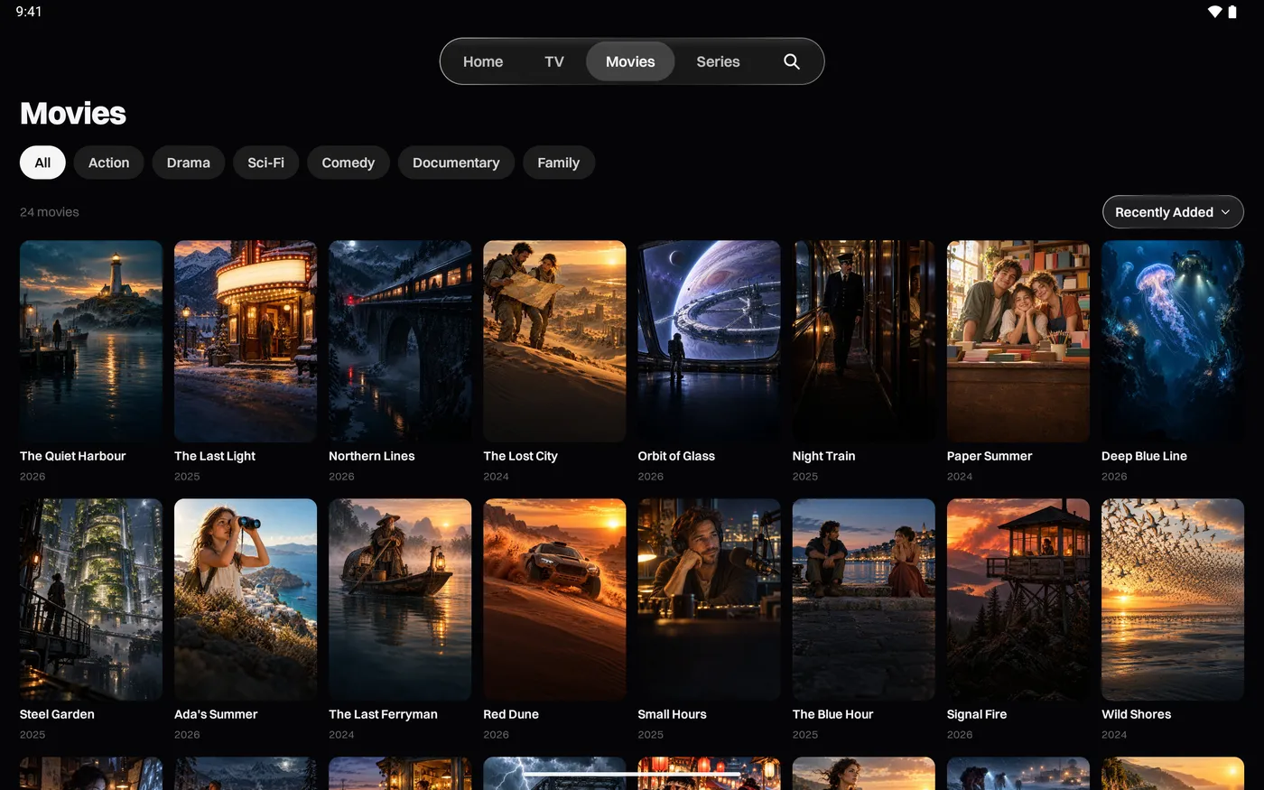 Katos on Android: the Movies tab, with posters by category