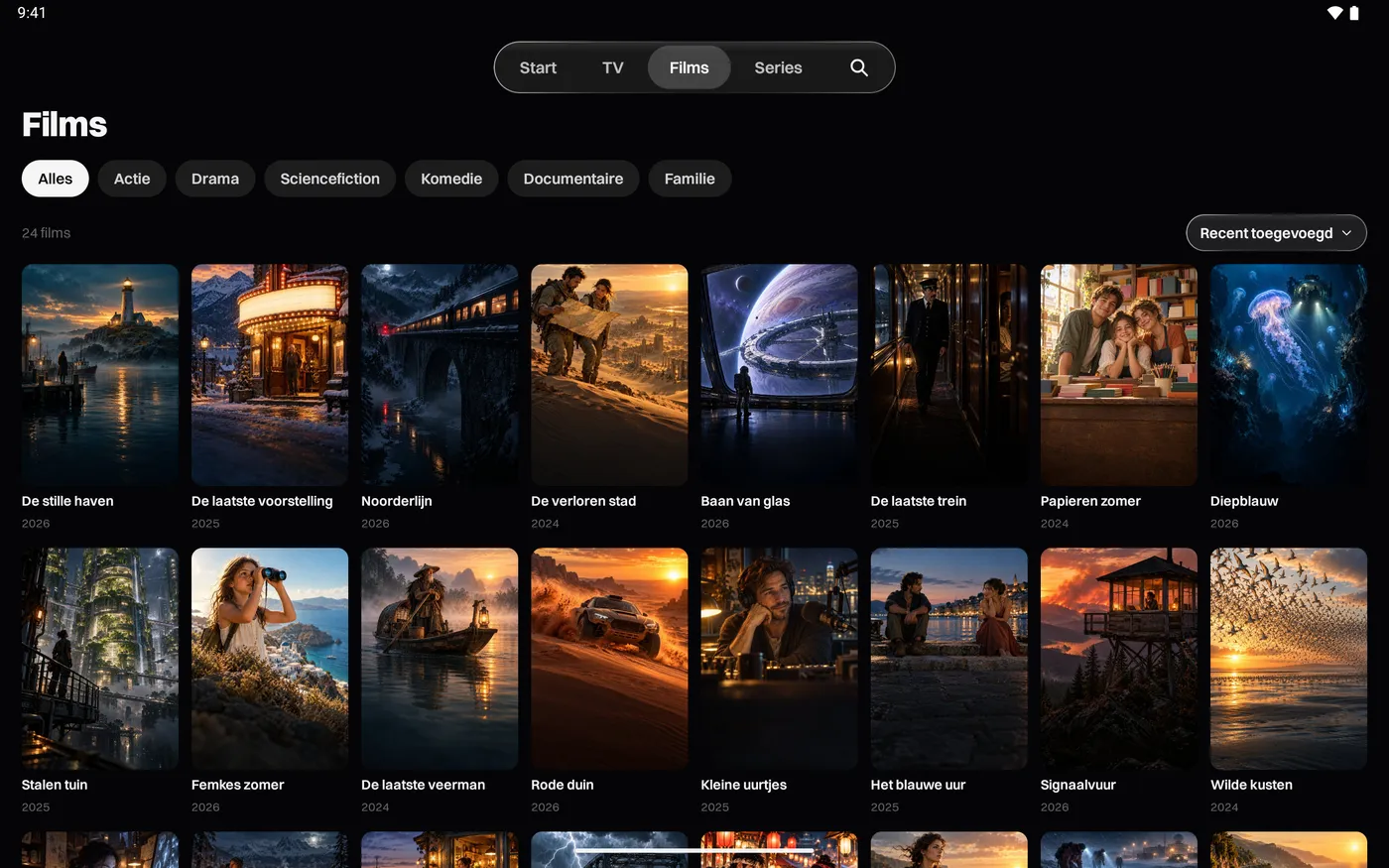 Katos op Android: het tabblad Films, met posters per categorie
