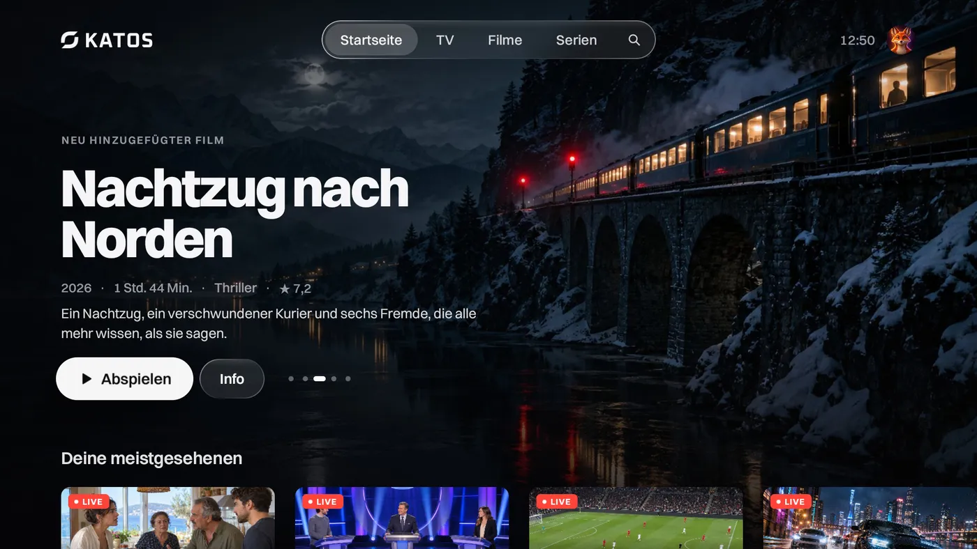 Katos auf Android TV: der Startbildschirm mit einem Titel im Fokus und Reihen mit Sendern und Filmen