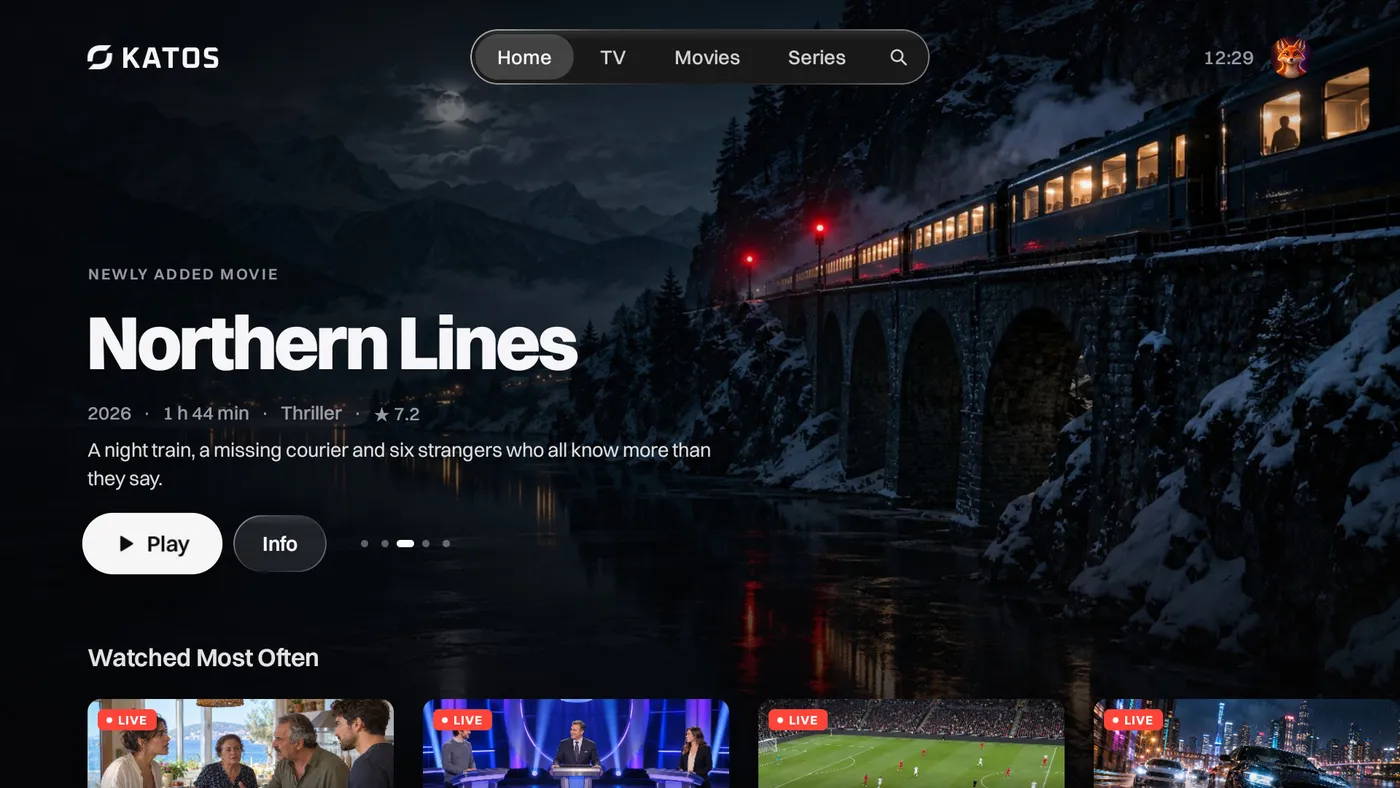 Katos on Android TV: the home screen, with a featured title and rows of channels and movies