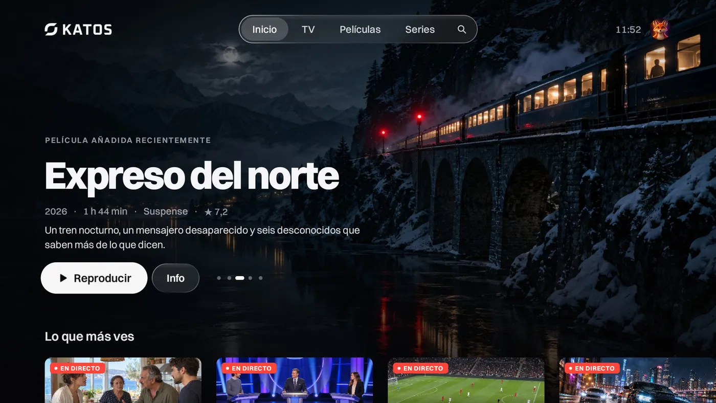 Katos en Android TV: la pantalla de inicio, con un título destacado y filas de canales y películas