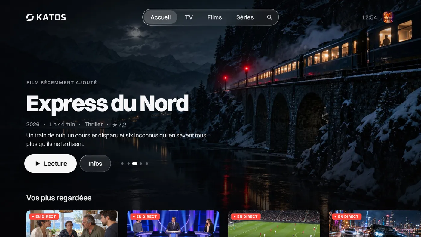 Katos sur Android TV : l’écran d’accueil, avec un titre à la une et des rangées de chaînes et de films