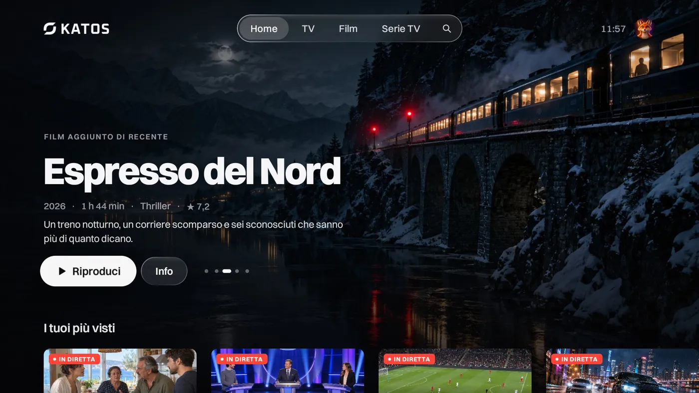 Katos su Android TV: la schermata Home, con un titolo in evidenza e righe di canali e film
