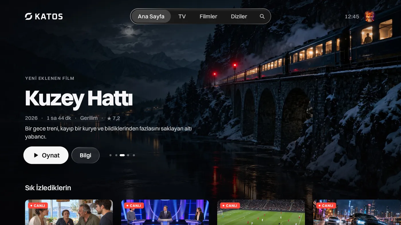 Katos (Android TV): öne çıkan bir yapım, kanal ve film satırlarıyla ana ekran