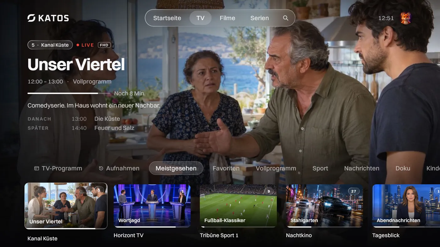 Katos auf Android TV: der TV-Tab mit Live-Sendern und dem, was gerade läuft