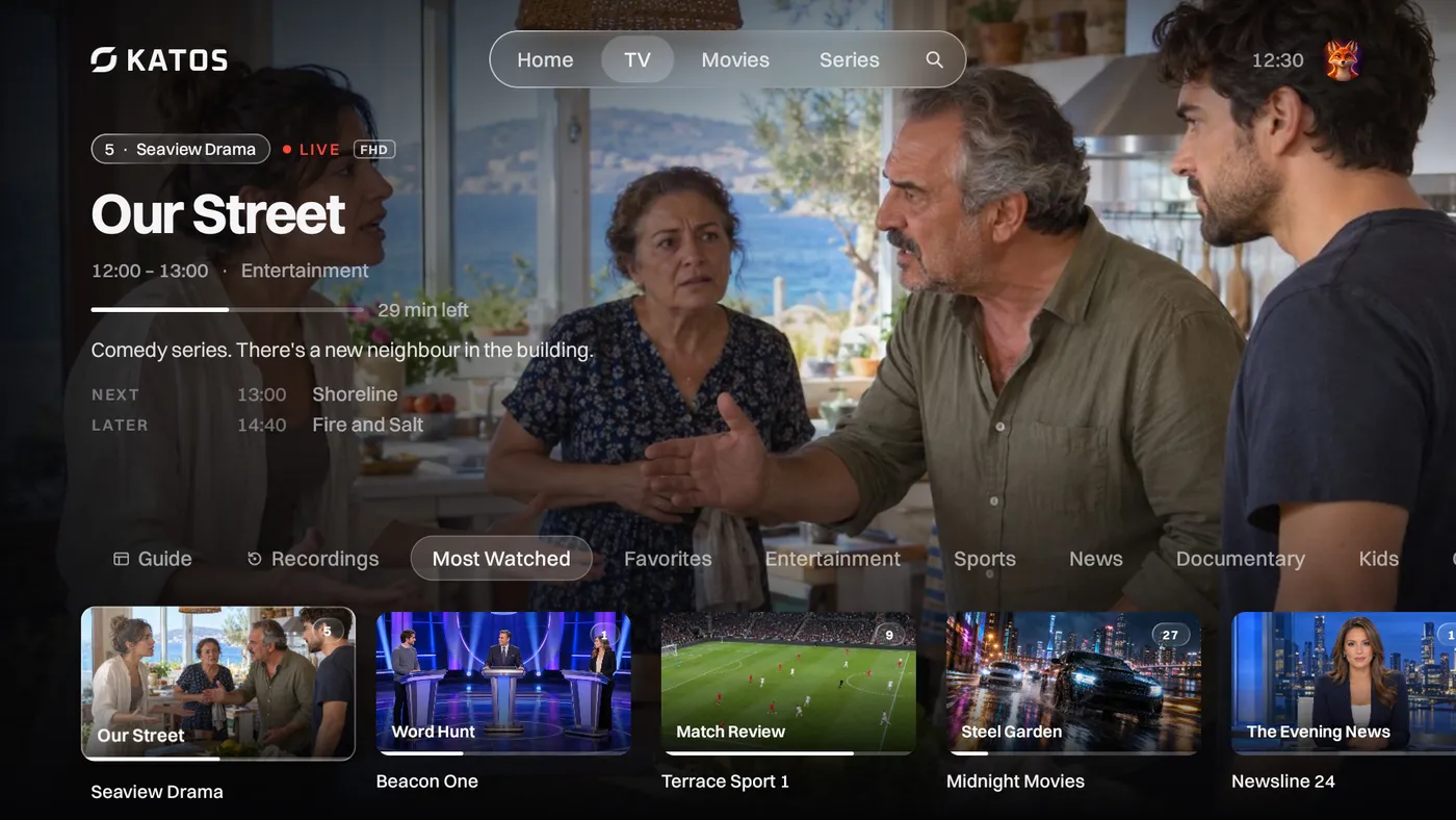 Katos on Android TV: the TV tab, with live channels and what’s on now