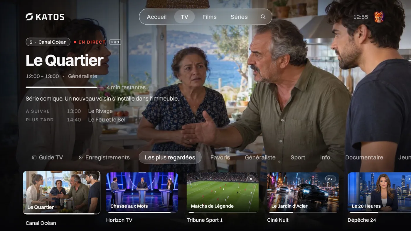 Katos sur Android TV : l’onglet TV, avec les chaînes en direct et ce qui passe maintenant