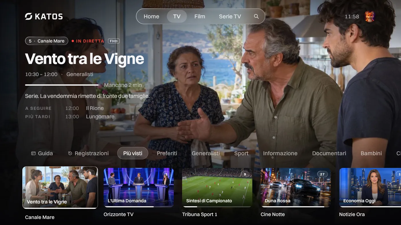 Katos su Android TV: la scheda TV, con i canali in diretta e cosa va in onda ora