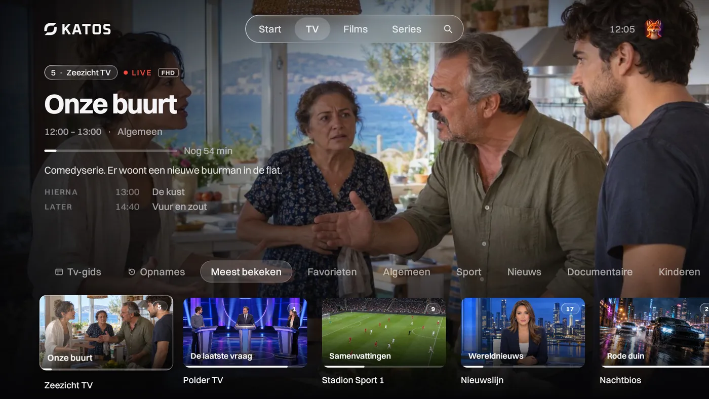 Katos op Android TV: het tabblad TV, met livezenders en wat er nu op is