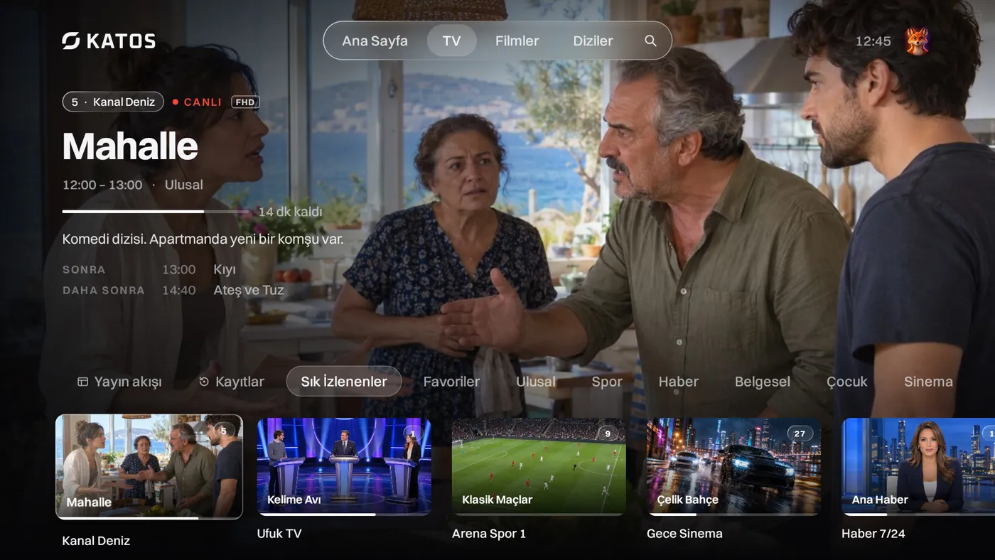 Katos (Android TV): canlı kanallar ve şu an yayında olanlarla TV sekmesi