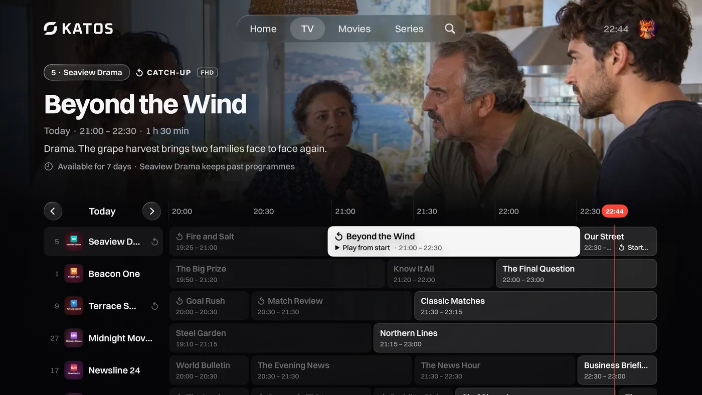 The TV guide with catch-up: earlier programs to watch again, and Start over on the one airing now