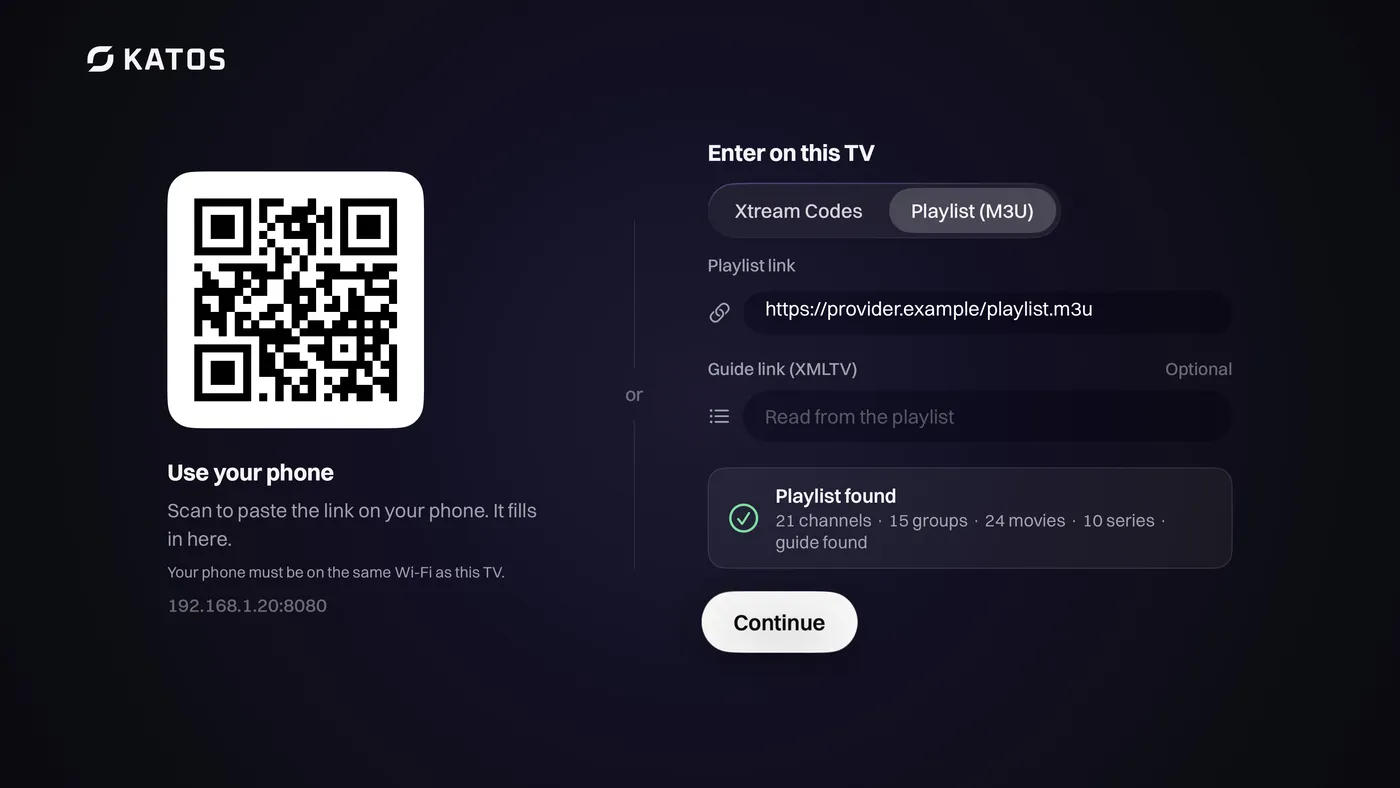 Signing in with an M3U playlist link or with Xtream Codes