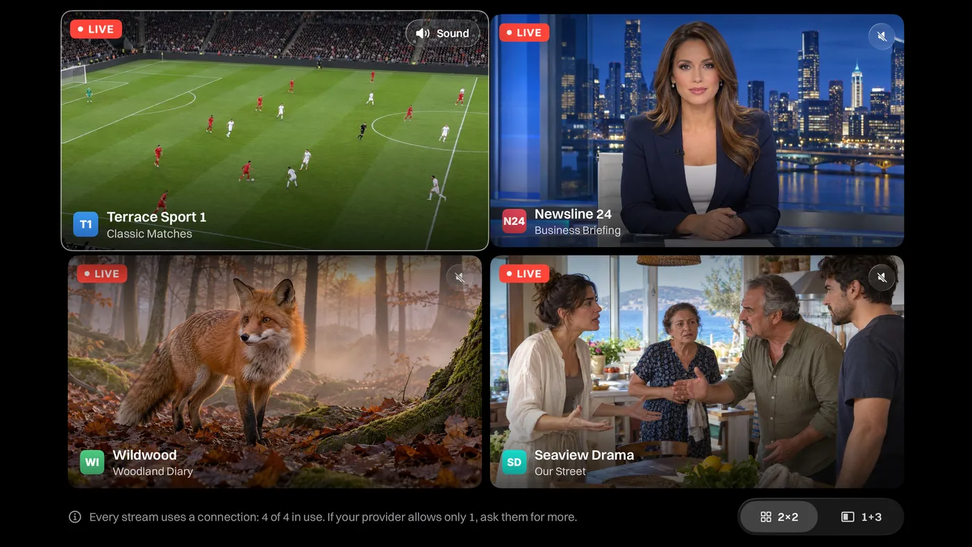 Multiview: several live channels on one screen, one of them large