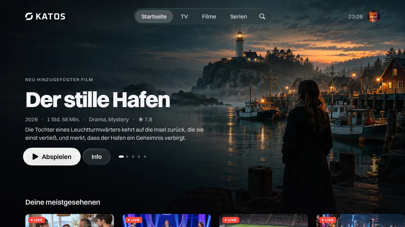 Katos auf Apple TV: der Startbildschirm mit einem Titel im Fokus und Reihen mit Sendern und Filmen