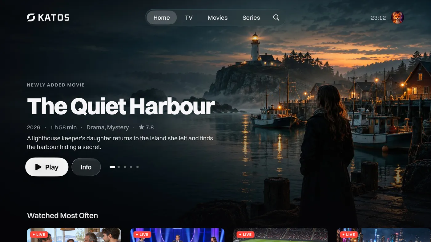 The Katos home screen on a TV, with a new movie up top and your most-watched channels below