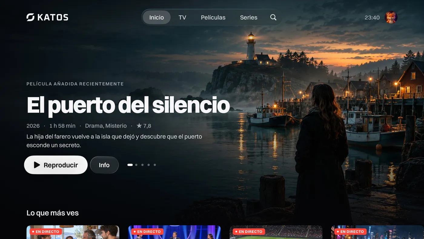 Katos en Apple TV: la pantalla de inicio, con un título destacado y filas de canales y películas