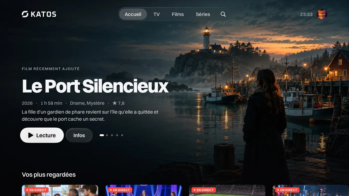 Katos sur Apple TV : l’écran d’accueil, avec un titre à la une et des rangées de chaînes et de films