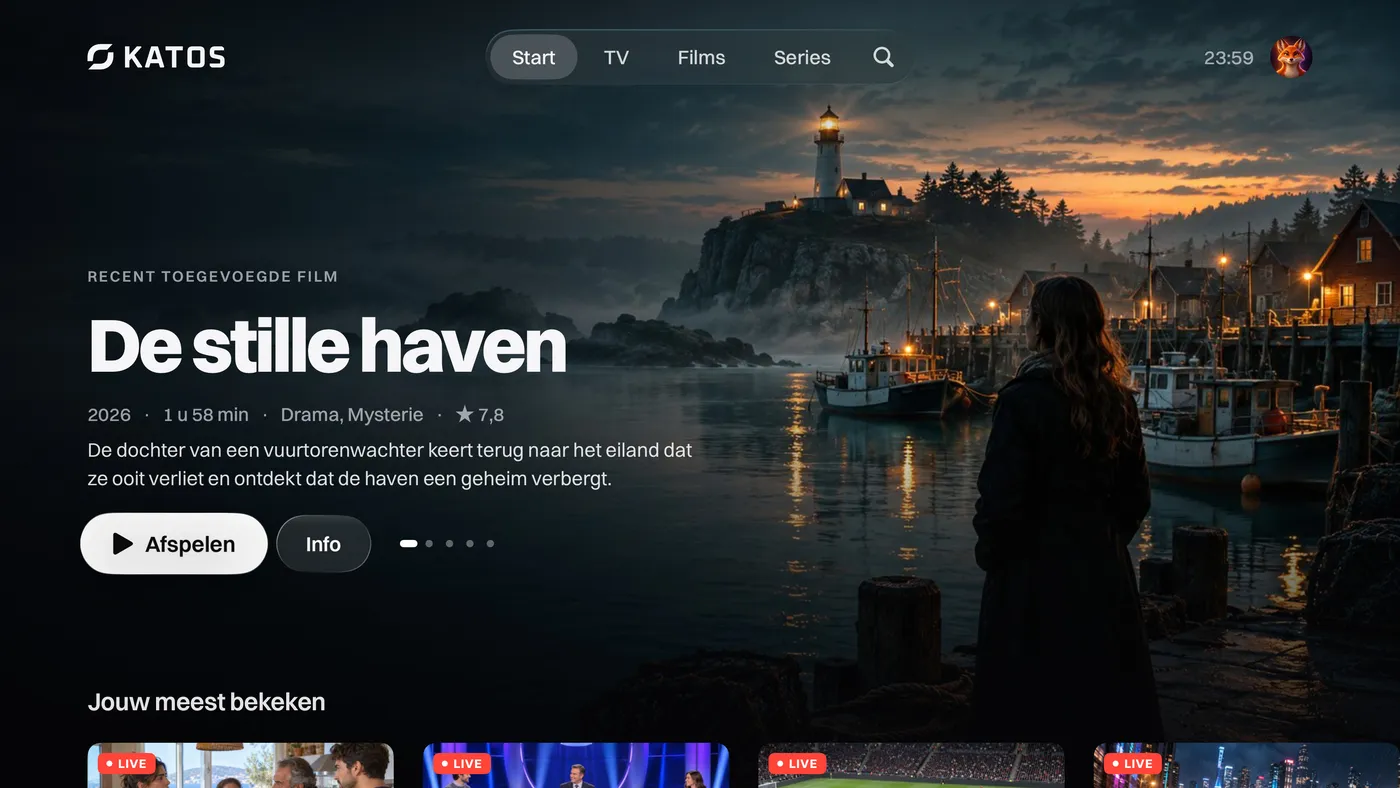 Katos op Apple TV: het beginscherm, met een uitgelichte titel en rijen zenders en films
