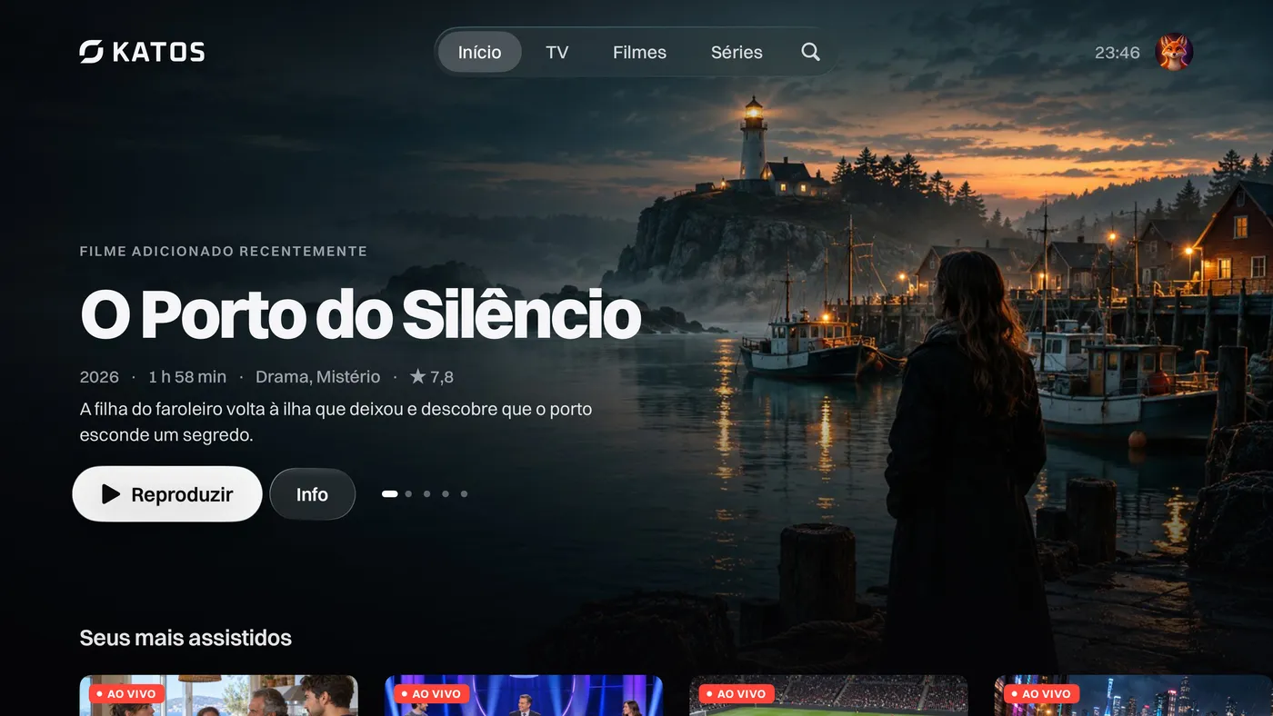 Katos (Apple TV): a tela inicial, com um título em destaque e fileiras de canais e filmes