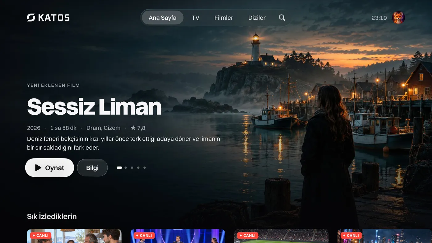 Katos (Apple TV): öne çıkan bir yapım, kanal ve film satırlarıyla ana ekran