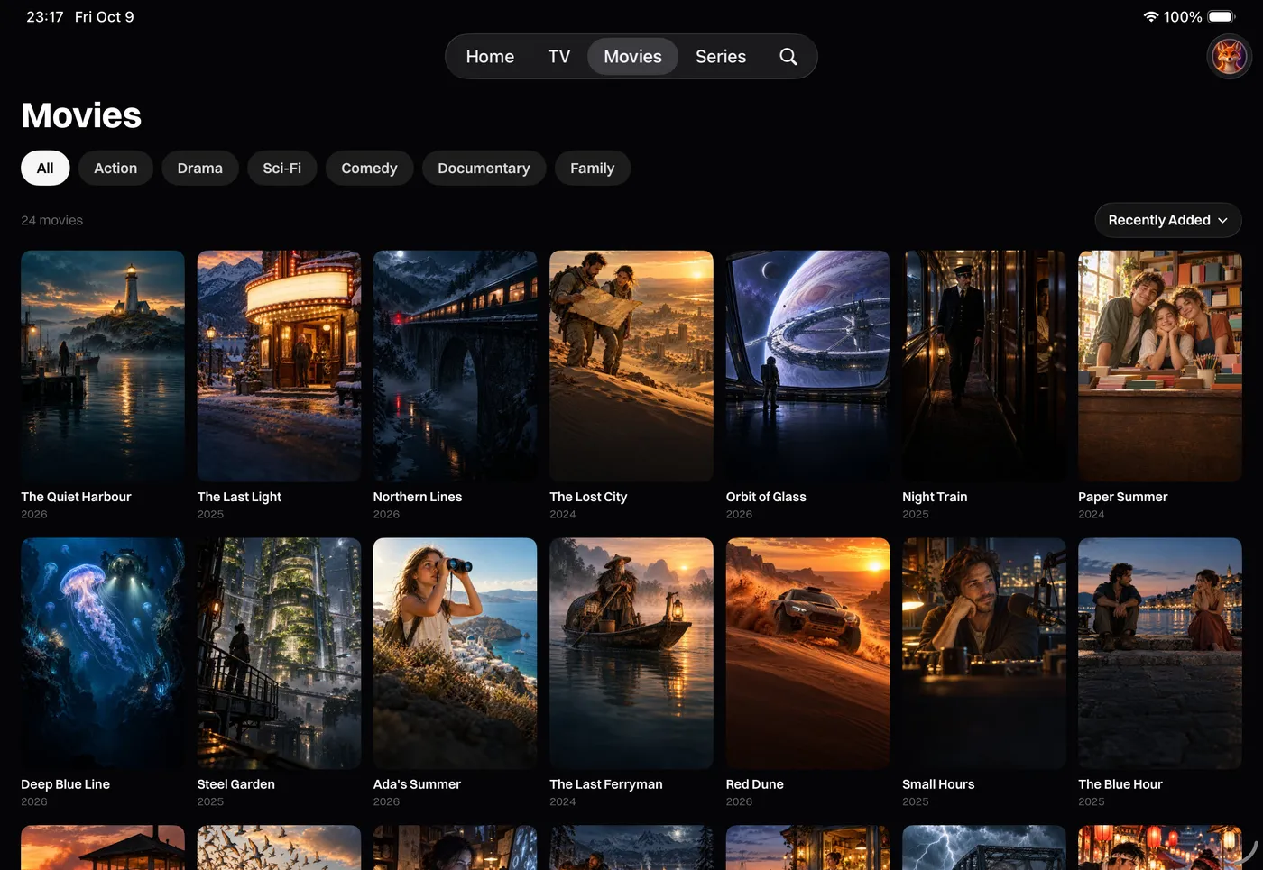 Katos on iPhone and iPad: the home screen, with a featured title and rows of channels and movies