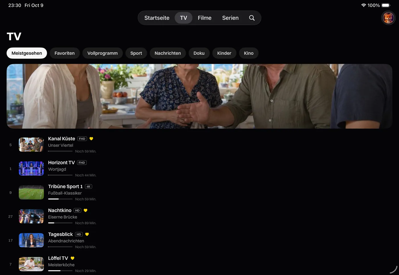 Katos auf iPhone und iPad: der TV-Tab mit Live-Sendern und dem, was gerade läuft