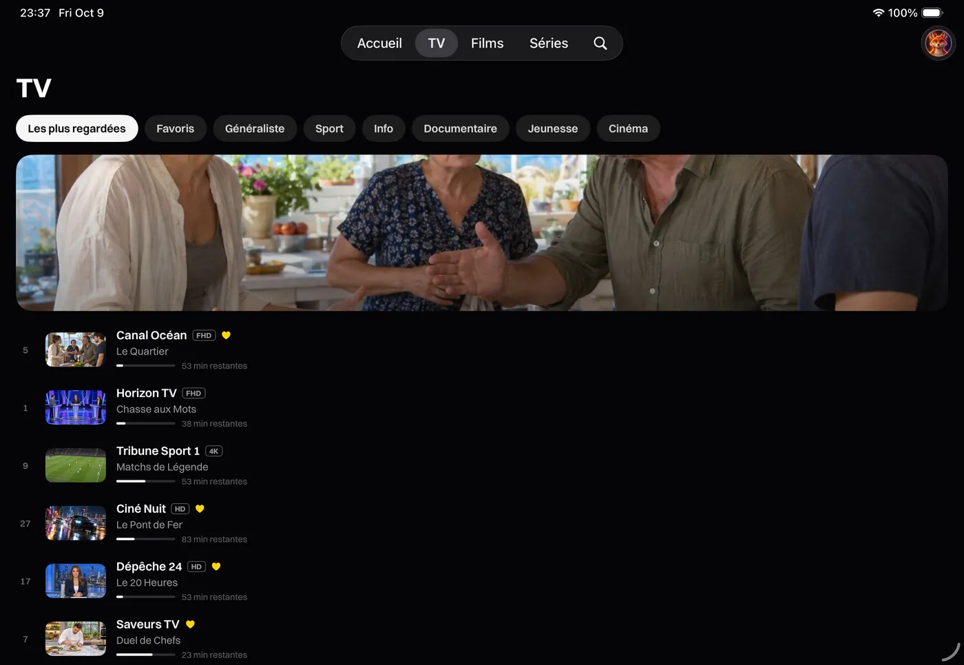 Katos sur iPhone et iPad : l’onglet TV, avec les chaînes en direct et ce qui passe maintenant