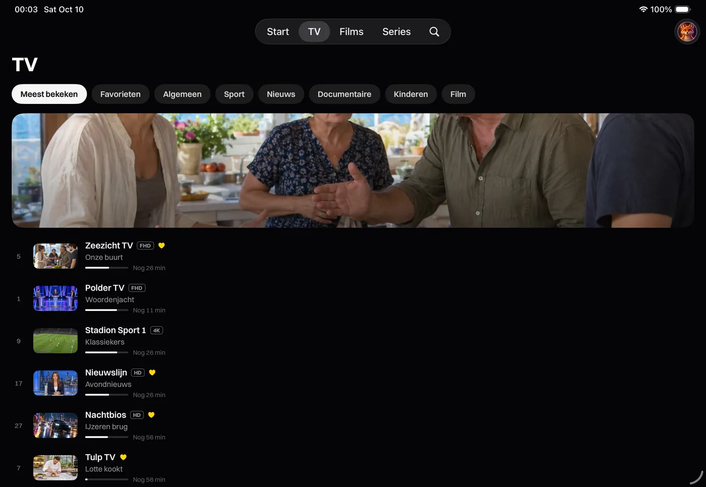 Katos op iPhone en iPad: het tabblad TV, met livezenders en wat er nu op is