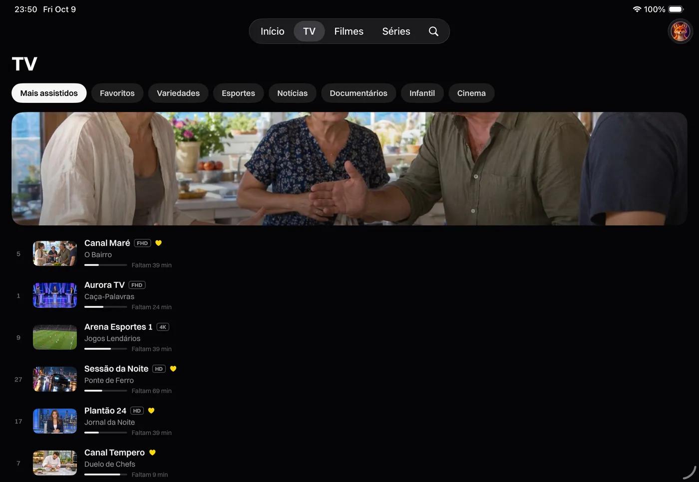 Katos (iPhone e iPad): a aba TV, com canais ao vivo e o que está passando agora