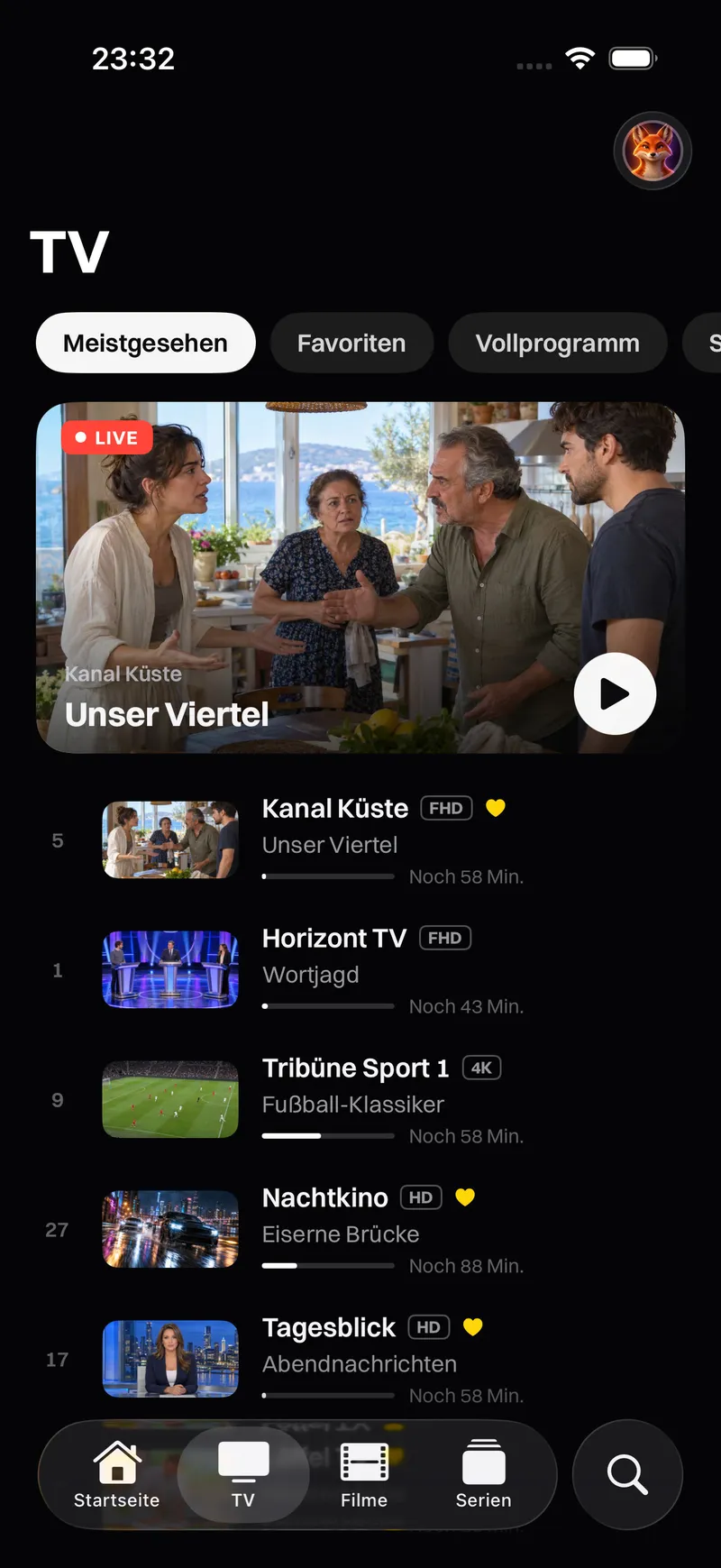 Katos auf iPhone und iPad: der Startbildschirm mit einem Titel im Fokus und Reihen mit Sendern und Filmen