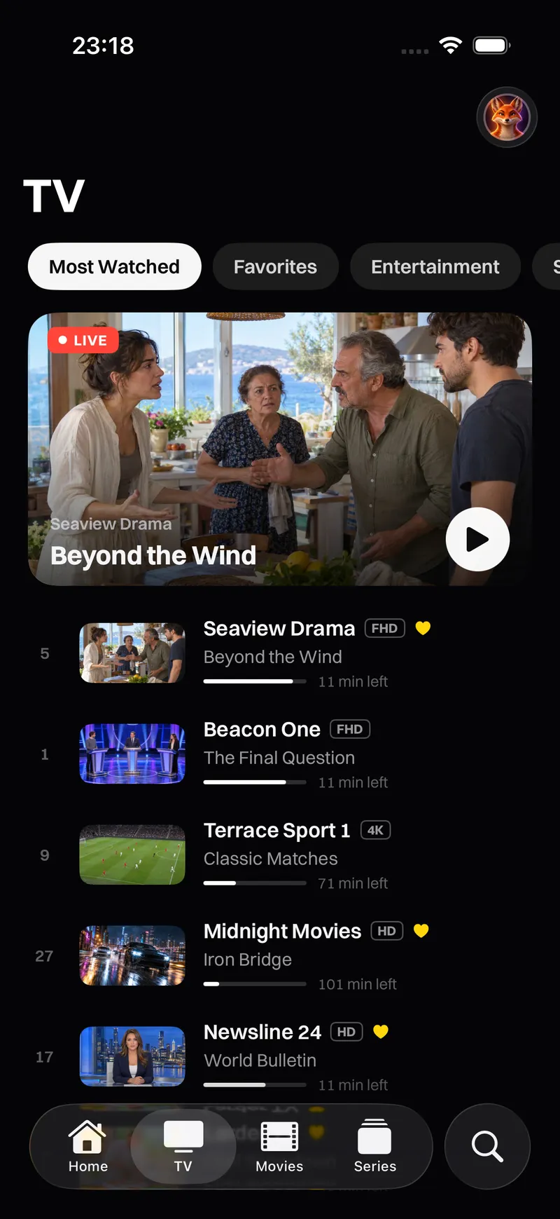 Katos on iPhone and iPad: the home screen, with a featured title and rows of channels and movies