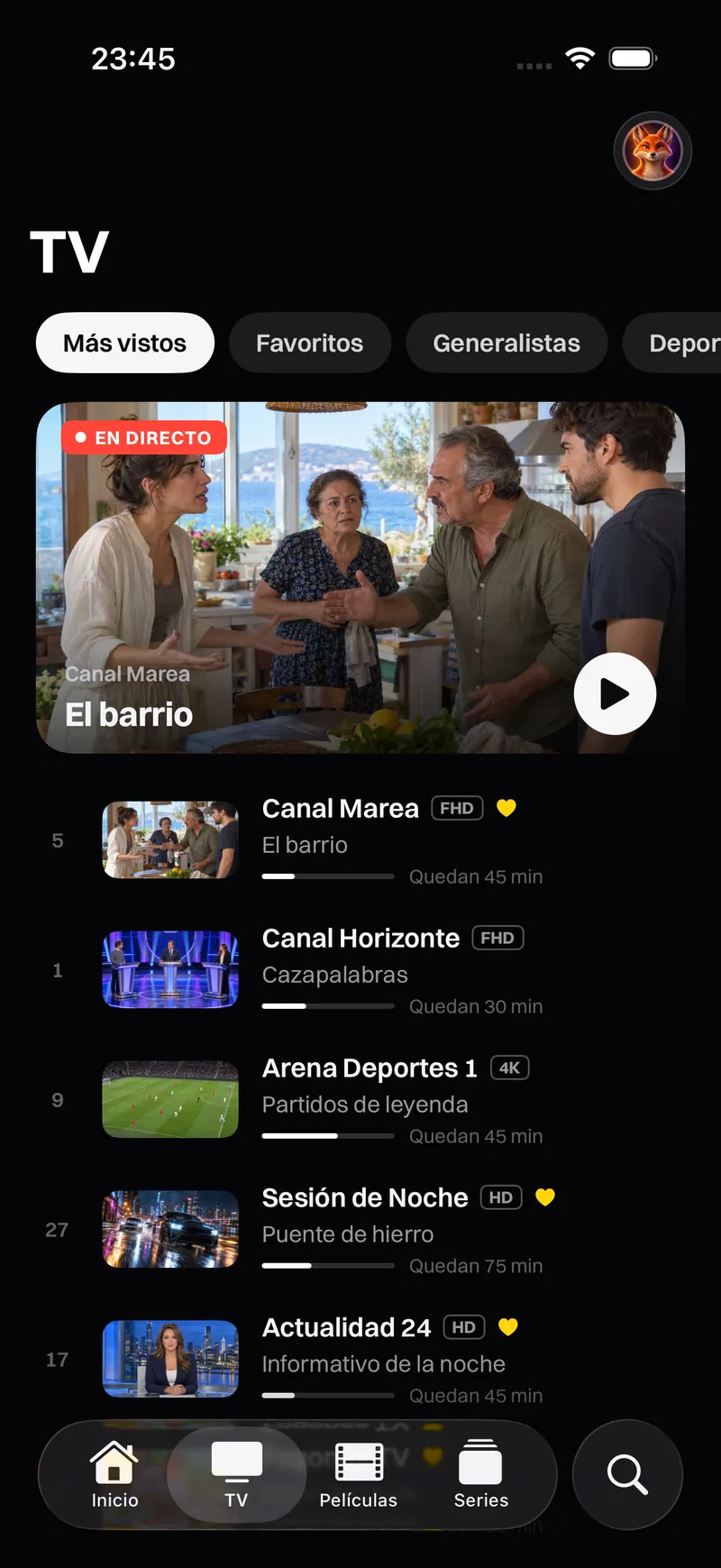 Katos en iPhone y iPad: la pantalla de inicio, con un título destacado y filas de canales y películas